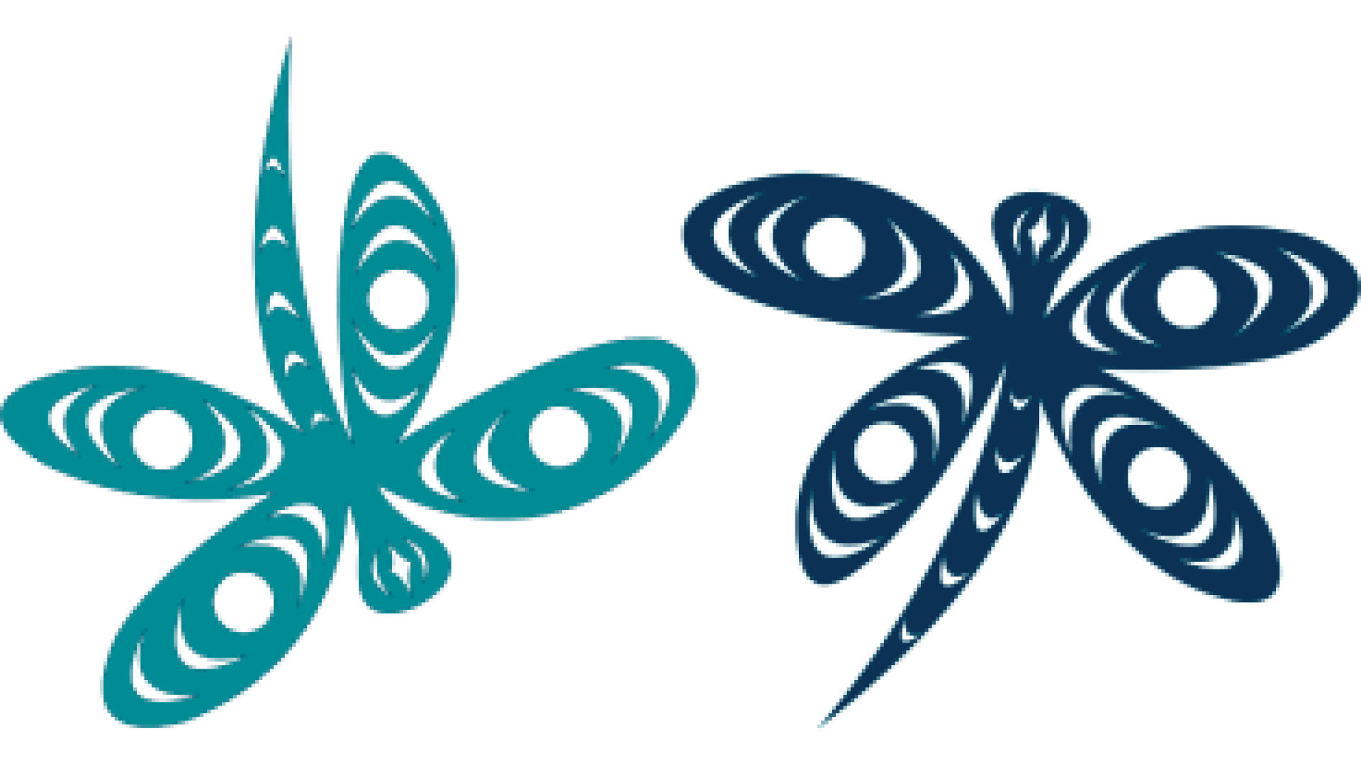 Abstract teal and navy blue butterfly illustrations.