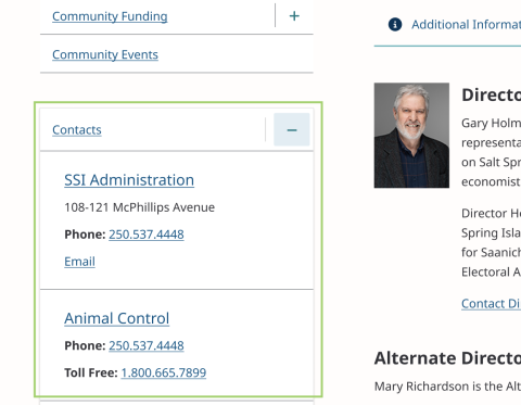 List of contacts displayed below the menu navigation of a page