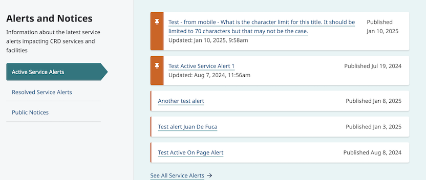 List of alerts and public notices displayed on the CRD homepage