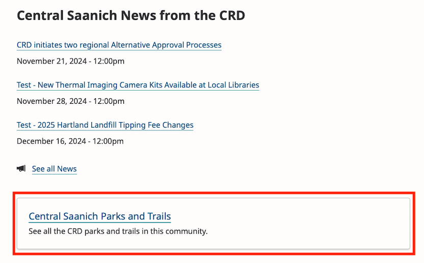 A link to Central Saanich's parks and trails, highlighted with a red box