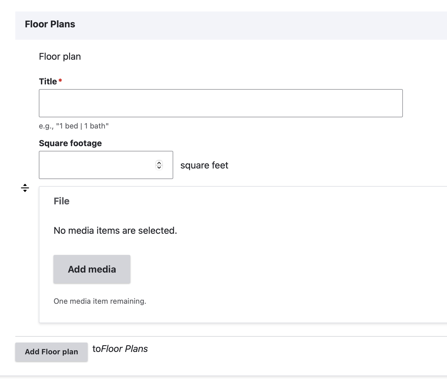 Fields for a floor plan's title, square footage, and associated media