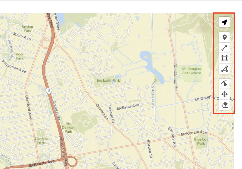 Row of icons on the righthand side of a map, with a red box highlighting them