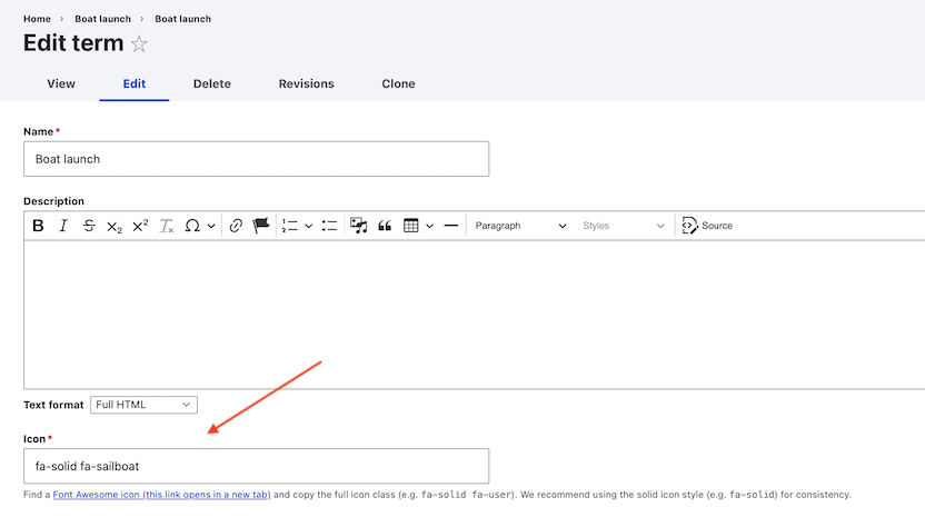 A set of fields for the name, description, and icon for a taxonomy term