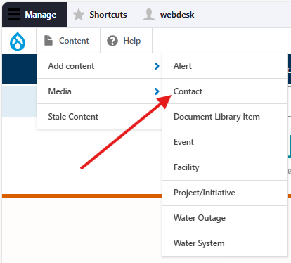 Screenshot of menu to add "Contact" content.
