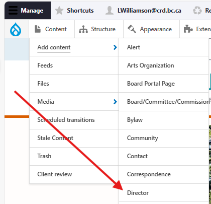Screenshot of "Add content" context menu.
