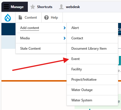 Screenshot of menu to add an event content type.