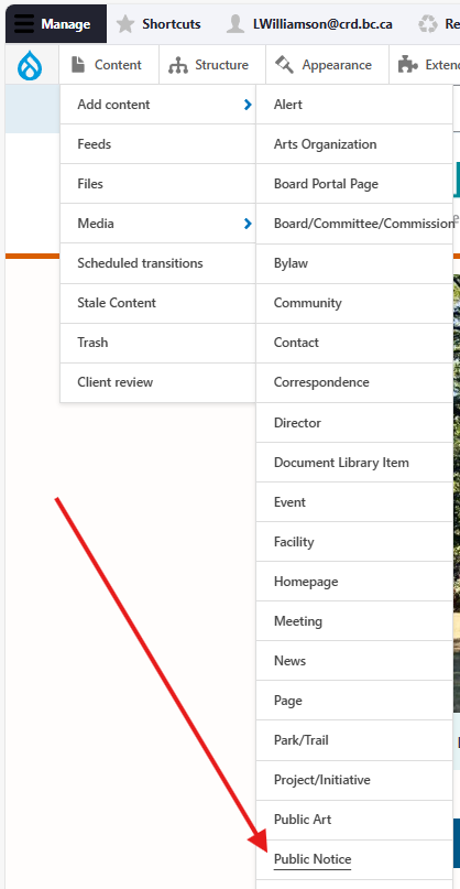Screenshot of "Add Content" menu.