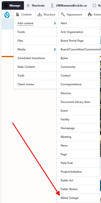 Screenshot of "Add Content" menu.