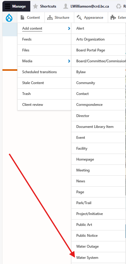 Screenshot of "Add Content" menu.