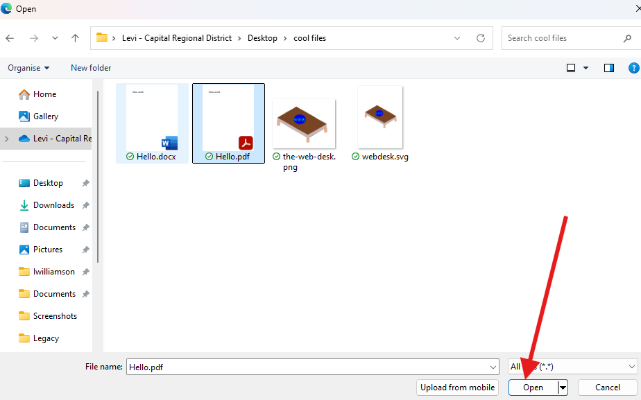 Screenshot of uploading file using Windows Explorer.
