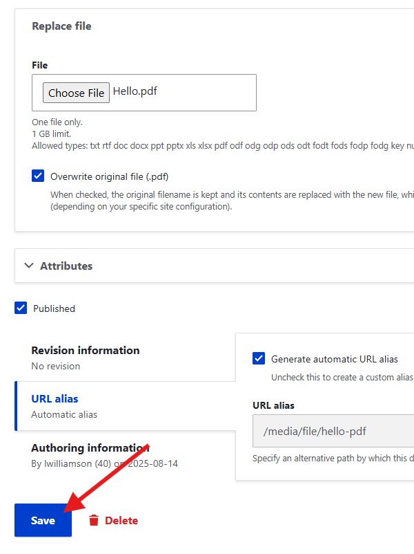 Screenshot of save button.