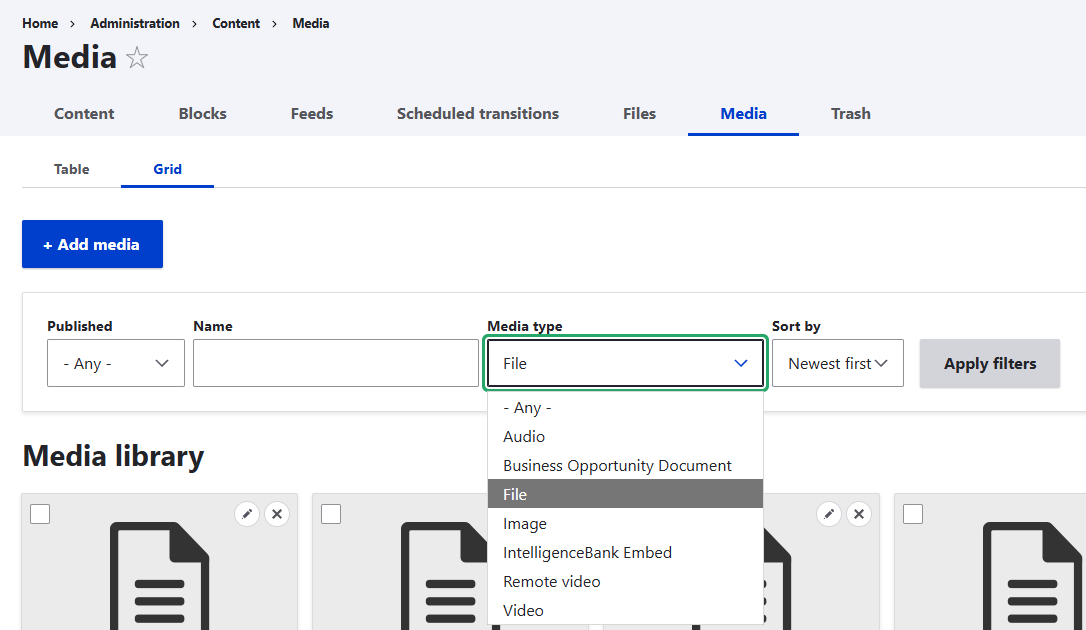 Screenshot of media type filter.